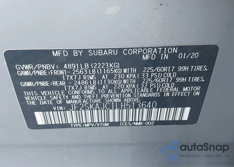 2020 Subaru Forester Premium z USA, uszkodzony, nr VIN JF2SKAJC1LH513640